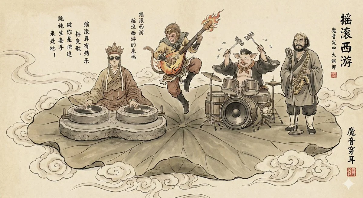 Z-Image Prompt - Journey to the West characters rock band Chinese ink